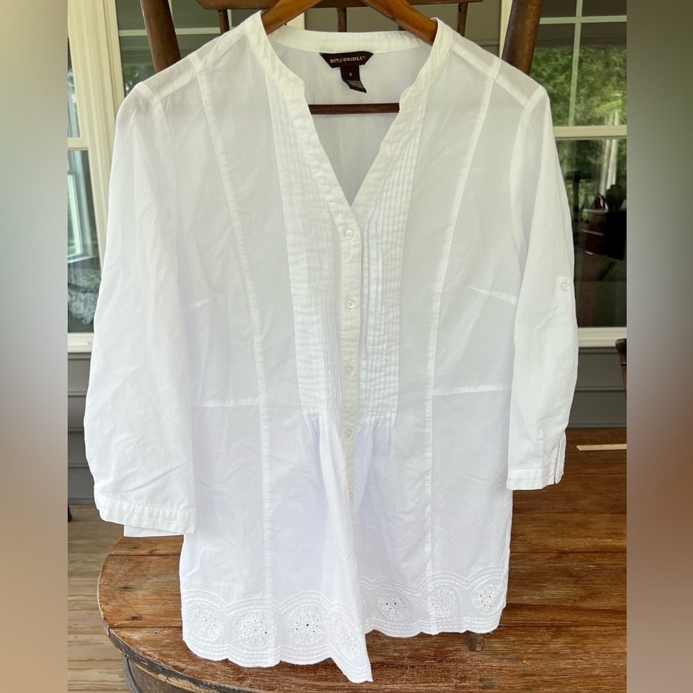 Bit & Bridle Women’s White 3/4 Length Sleeve Blouse Top V Neck Cotton Lace Sz S